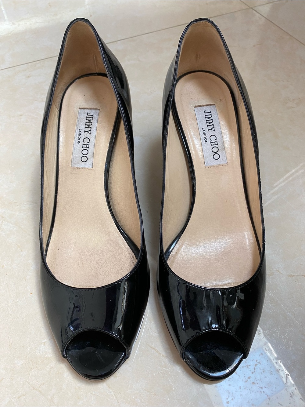 Jimmy Choi London Black Patent Leather Pumps Shoes Peep Toe 38.5 Italy Made - Picture 2 of 6